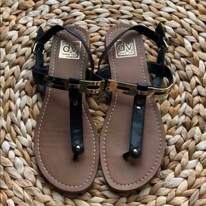 dv dolce vita black t-strap sandals with gold
